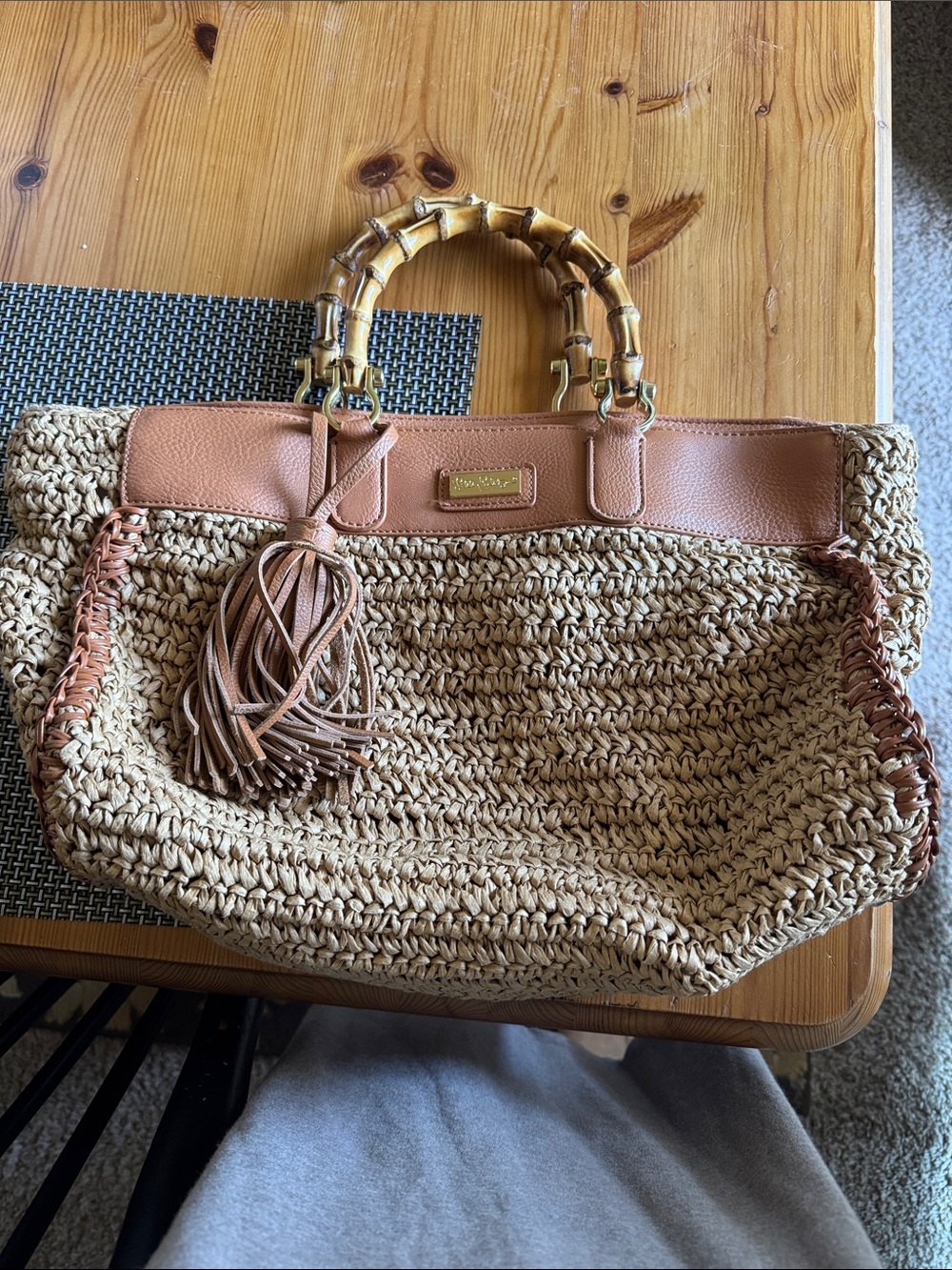 Lilly Pulitzer Natural Straw Tote with Tan Trim & Bamboo Handles